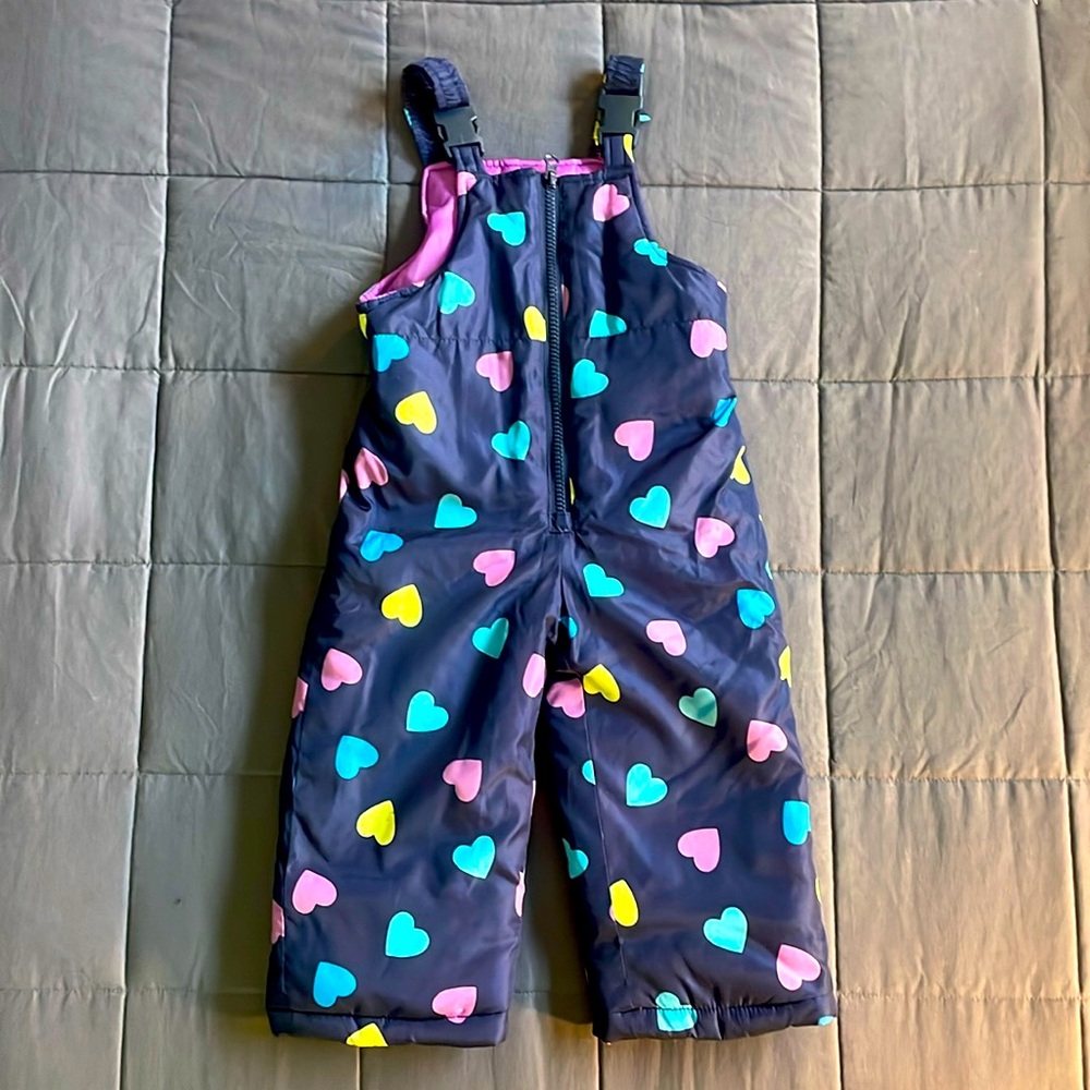 Toddler Girls size 24 months snow bib. OshKosh. Blue, purple, heart pattern.